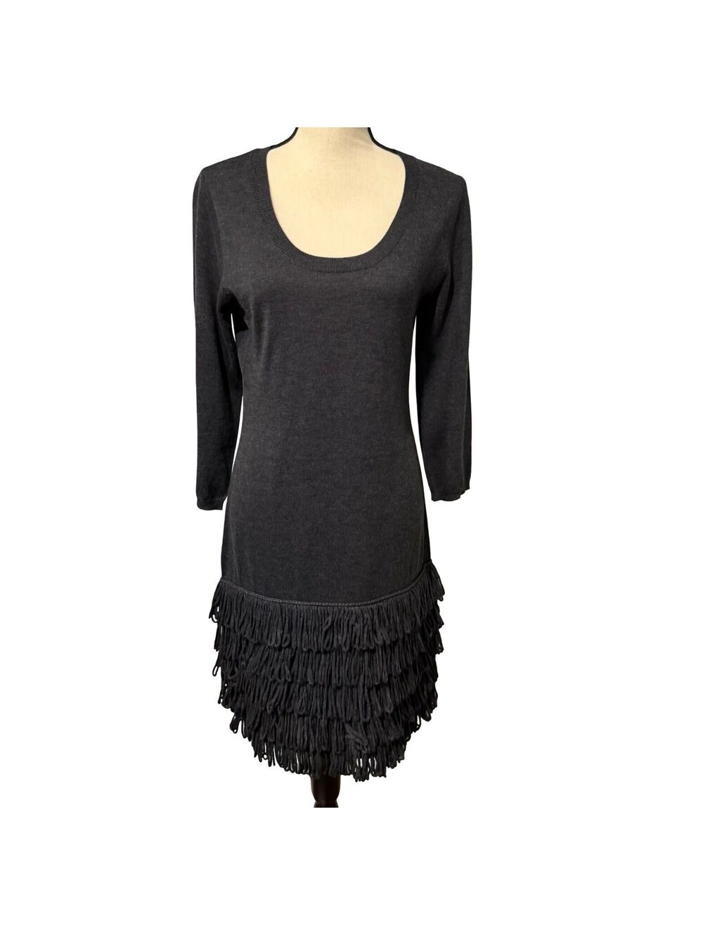 Calvin Klein Gray 3/4 Sleeve Fringe Sweater Dress - Size M